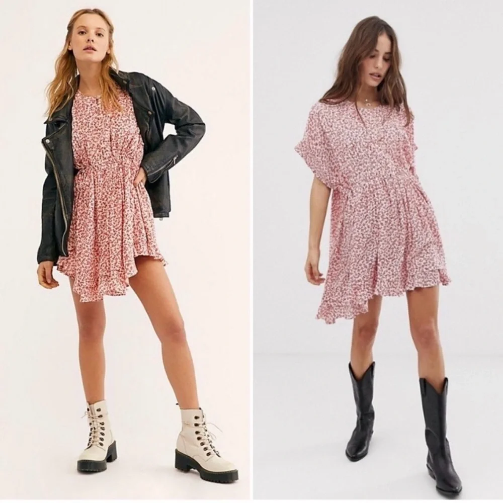 NWT Free People One Fine Day Mini Dress in Tea Combo Size S Red Floral Print
